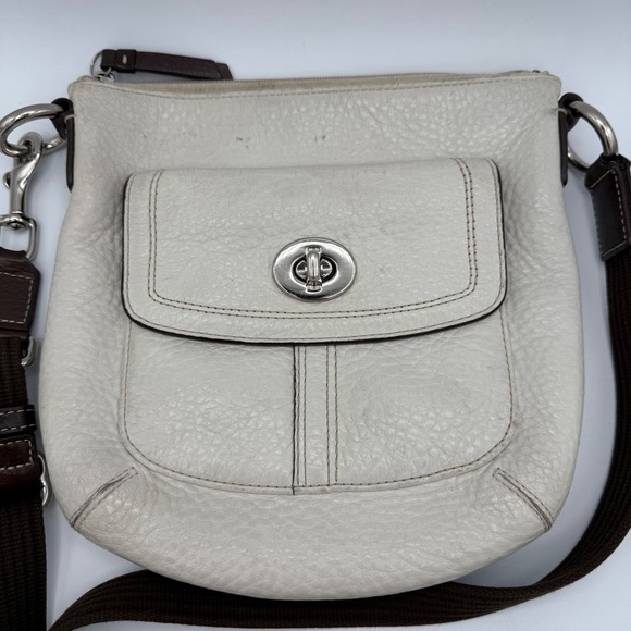 Coach Leather Crossbody Bag Cream Brown Trim Turn Lock Flap Shoulder Bag - Picture 2 of 9